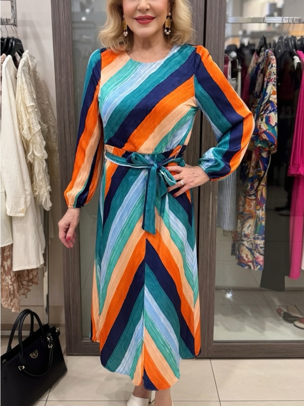ALI & JAY Striped Midi Dress in Teal, Orange & Navy
